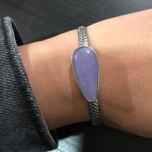 Silver Tone Bangle Cuff Bracelet With Teardrop Shaped Purple Stone